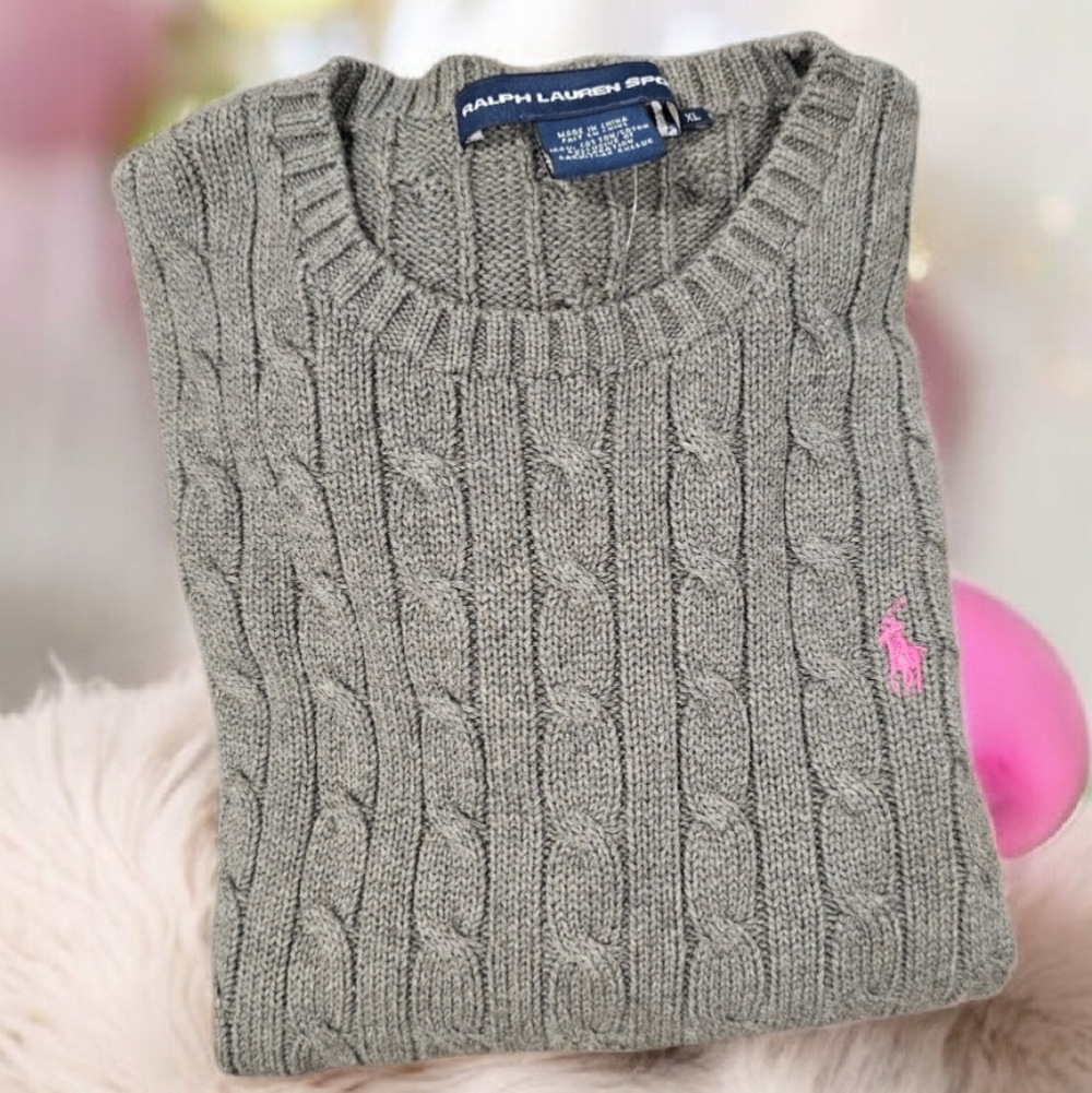 NWT Ralph Lauren Sport Women's Gray Cable Knit Pullover with Pink Logo Size-XL - Picture 2 of 12